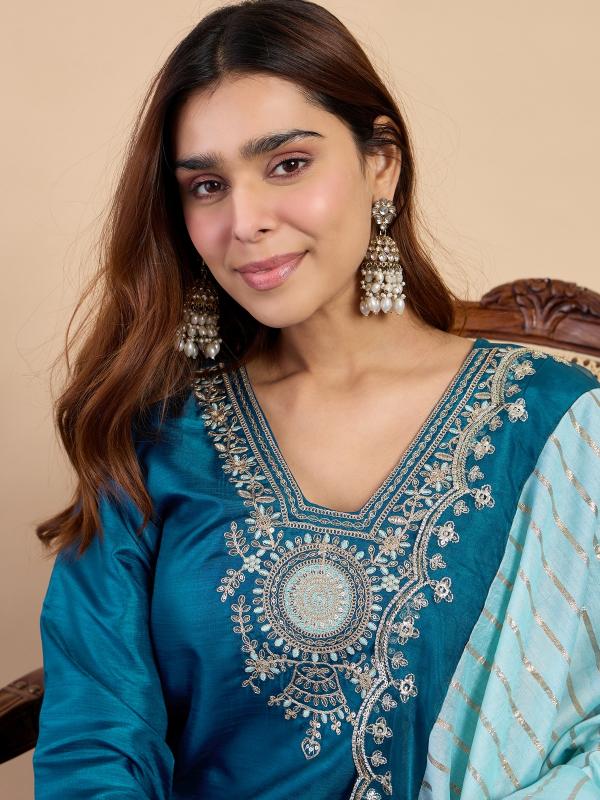 VP 9839 T Women’s Floral Embroidery Silk Straight Kurta Pant with Chanderi Dupatta 3pc Set